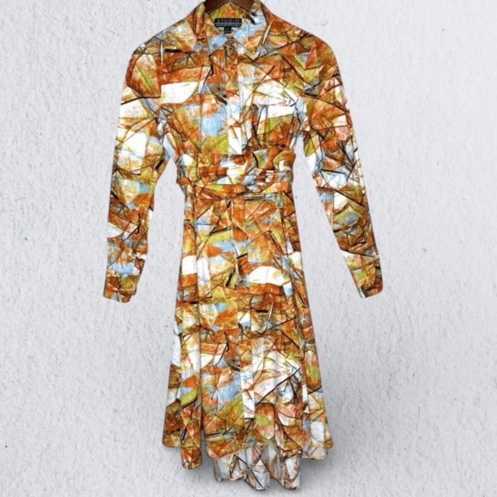 Badgley Mischka Studio Print High Low Midi Dress Poplin Belted size 2